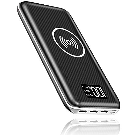 Portable Charger Power Bank, 24000mAh Wireless Charger with LED Digital Display and 3 Outputs & Dual Inputs External Battery Pack for iPhone X, iPhone 8, Samsung Galaxy S8 Note 8 and More (White)