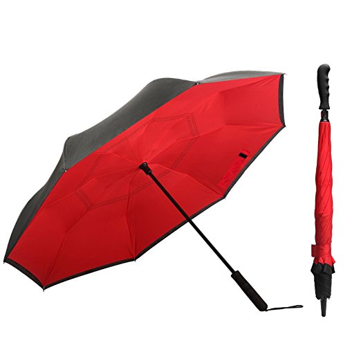 IDAODAN Inverted Travel Umbrella Reverse Folding Umbrellas for Car, Double Layer Windproof UV Protection Water Repellent, 42" wide