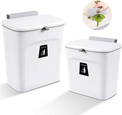 Aogist Hanging Trash Can with Sliding Cover 2 Packs, 1.8 2.4 Gal Wall Mounted Trash Bin Waste Bin with Lid for Kitchen Cabinet Door, Bathroom, Toilet, Bedroom, Living Room (White)