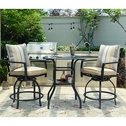 LOKATSE HOME 3 Piece Bistro Set Outdoor Bar Height Swivel with 2 Patio Chairs and 1 Glass Top Table, White and Black