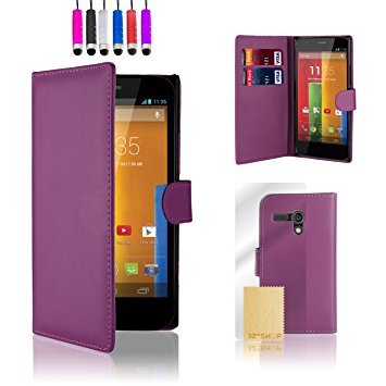 Motorola Moto G Leather Wallet Case by 32nd® Premium PU Leather Book Style Flip Cover To Fit For Moto G 1st Gen (2013) and Moto G 4G/LTE (June 2014), Includes Screen Protector and Stylus - Purple