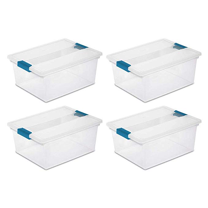 Sterilite Deep Clip Box Clear Plastic Storage Tote Container with Lid, 4 Pack