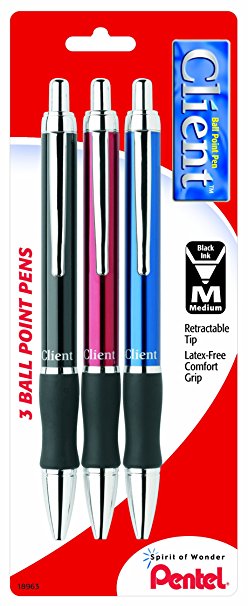 Pentel Client Retractable Ballpoint Pen, Assorted Barrel Colors,  Black Ink, Medium Point, 3 Pack (BK910BP3M)