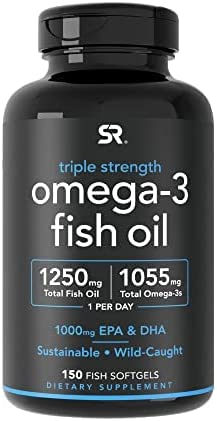 Sports Research Triple Strength Omega 3 Fish Oil - Burpless Fish Oil Supplement w/ EPA & DHA Fatty Acids from Wild Caught Fish - Heart, Brain & Immune Support for Men & Women - 1250 mg, 150 ct