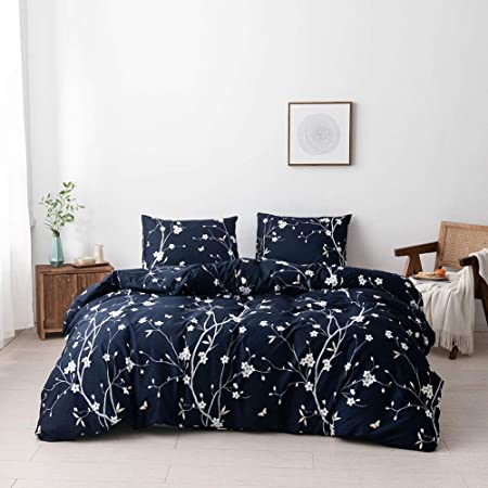 Argstar 3 Pcs King Duvet Covers, Branch and Plum Blossom Pattern Bedding Set, Navy Blue Floral Comforter Cover with Zipper Ties, Ultra Soft Lightweight Microfiber, 1 Duvet Cover and 2 Pillow Covers