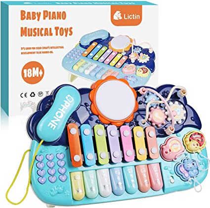 Lictin Early Educational Music Toy - 4 in 1 Kid Musical Instruments Learning Piano Instruments Toys with Light Xylophone Phone Sound Toy Set for Baby