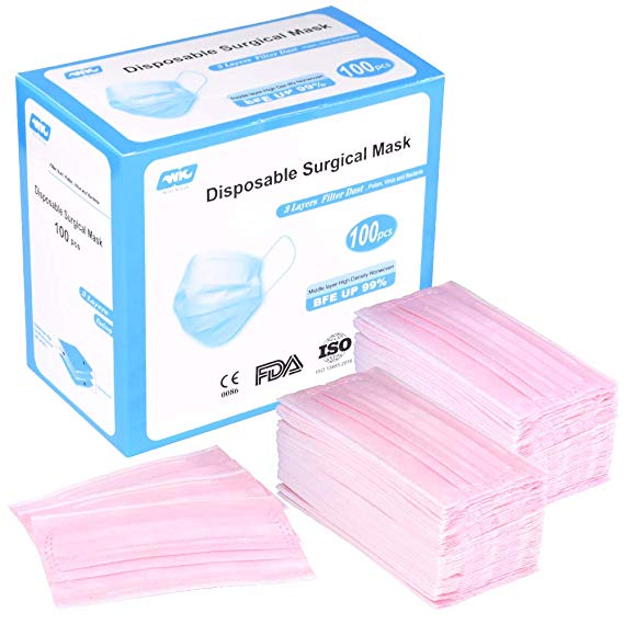 WELL KIEAN 100 Pack Disposable Surgical Mask with Elastic Earloop, Filter Dust, Pollen, Virus and Bacteria by 3 Non-Woven Layers (Pink)