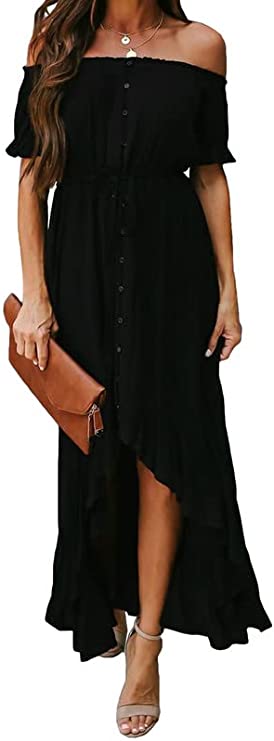 Dokotoo Womens 2023 Off The Shoulder Casual Short Sleeve Maxi Dress High Low Solid Cocktail Skater Dresses