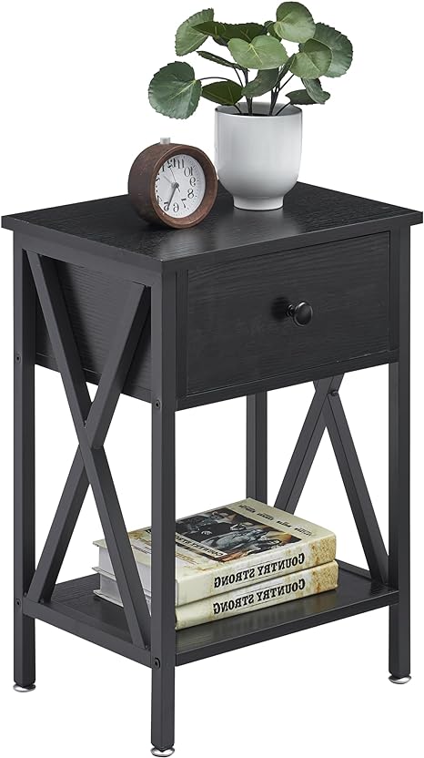 VECELO Night Stands Bedside End Table X-Design with Drawer&Storage Shelf for Living Room Bedroom, 1 Set, Matte Black