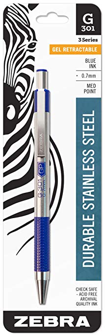 Zebra G-301 Stainless Steel Retractable Gel Pen, Medium Point, 0.7mm, Blue Ink, 1-Count