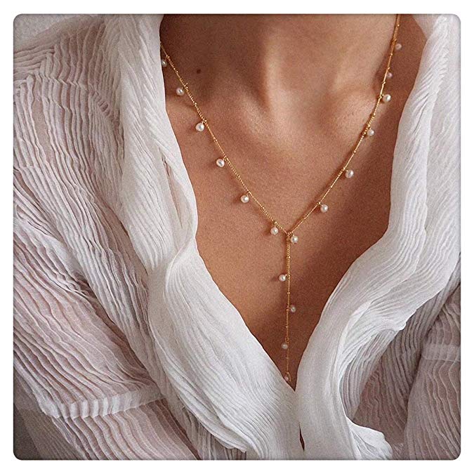 SEAYII Women Y Necklace Gold Pearl Dangle Bar Drop Lariat Dainty Gold Satellite Chain Coin Simple Layering 14K Gold Fill Delicate Handmade Gold Jewelry Gift