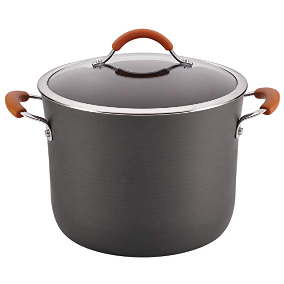 Rachael Ray Cucina Hard-Anodized Nonstick Covered Stockpot, 10-Quart, Gray, Pumpkin Orange Handles