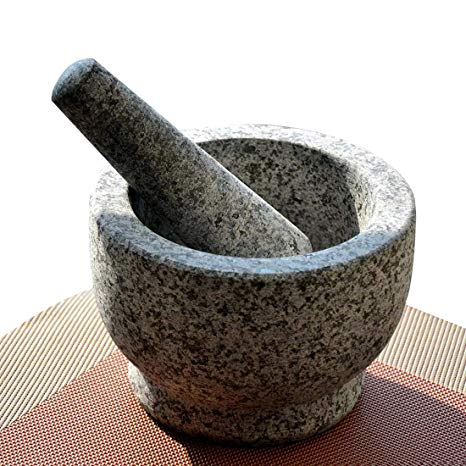 Nice2Mitu guacamole Mortar and Pestle Set - pestle and mortar bowl, molcajete, Unpolished Heavy Granite Large Capacity Spice Grinder with Muddler Kitchen Cooking Tool,6 Inch, 2 Cups Capacity