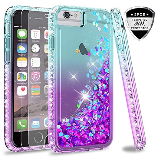 iPhone 6s / 6 Case, iPhone 7 Case, iPhone 8 Glitter Case with Tempered Glass Screen Protector [2Pack] for Girls Women,LeYi Moving Quicksand Clear Phone Case for Apple iPhone 6/ 6s/ 7/8 ZX Teal/Purple