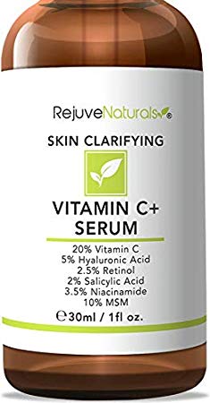 Vitamin C Serum Plus 5% Hyaluronic Acid, 2% Retinol, 2% Salicylic Acid, 3.5% Niacinamide, 10% MSM, 20% Vitamin C - Anti Aging Anti Wrinkle Skin Clearing Serum Organic Skin Care for Face and Eyes (1oz)
