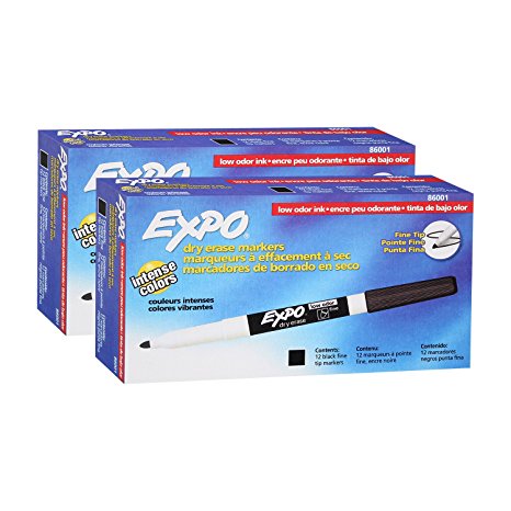 Expo Low Odor, Fine Tip, Black, Dry, Erase Marker, 2 Packs of 12,