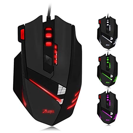 Zelotes T60 Gaming Mouse 7200 DPI 7 Buttons Wired USB Computer Mice for PC Mac Multi-Modes LED Lights （Black）