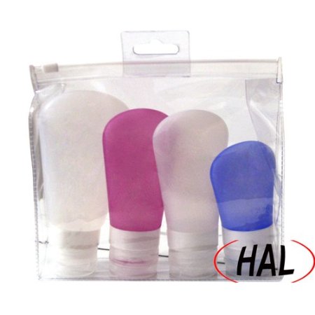 HAL 4 pack silicone travel bottles shampoo tubes, assorted sizes and colors, toiletry bottle Leak proof, TSA approved (1*3 Oz   2*2oz   1*1.25Oz) (3Oz White  2Oz Pink   2Oz White  1.25OzBlue)