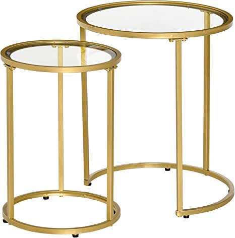 HOMCOM Juego de 2 Mesitas Auxiliares Mesas Nidos Mesitas de Café con Estructura de Metal y Tapa de Vidrio para Salón Dormitorio Ø50x58 cm y Ø37x51 cm Dorado