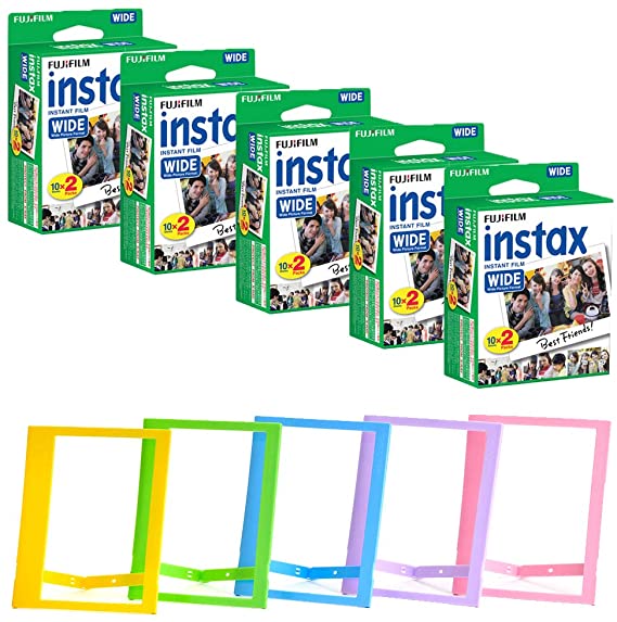 FUJIFILM INSTAX Wide Instant Film   Plastic Photo Frames (Blue, Green, Pink, Yellow & Purple – Deluxe Bundle (100 Film)