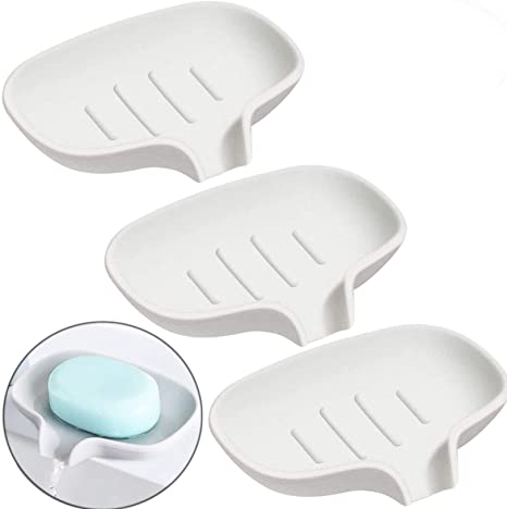 MZSEN Soap Dish with Drain,Silicone Bar Soap Holder Box,soap Dishes for Bathroom,soap Dishes for Shower, Stop Mushy Soap Saver Easy Cleaning Dry Soap Tray for Kitchen/Counter 3PCS(White)