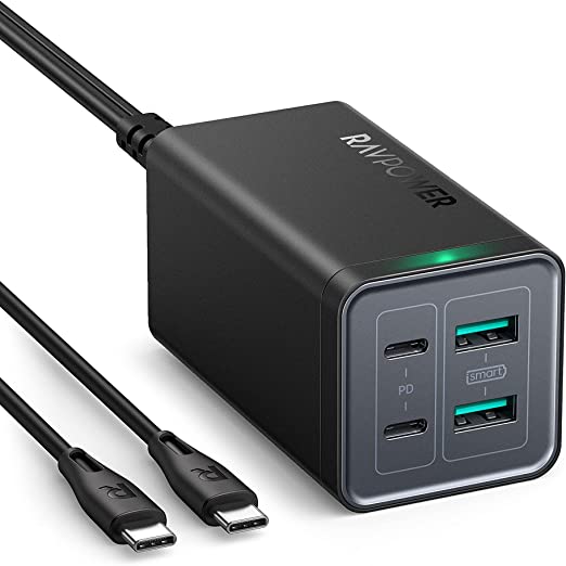 USB C Charger RAVPower 120W 4-Port Desktop USB Charging Station [GaN II Tech] 100W Power Delivery 2 USB C Ports   2 USB A Ports with E-Mark Cable for MacBook Pro Air Dell XPS 13 iPad Pro iPhone Galaxy