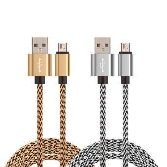 Micro USB Cable Braided 10ft, Pack 2 High Speed 10ft 3m Premium Nylon Braided Micro USB Charger Cable Cord for Android Samsung Galaxy S4 S6 S7 Edge A7 A9 HTC Motorola Nokia and More (Gold,silver)