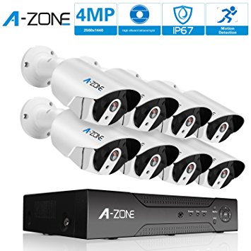A-ZONE Security Camera System 4MP IP PoE 8 Channel with 8 Outdoor Surveillance Kit 2560x1440 Cameras Super HD Night Vision,Without HDD