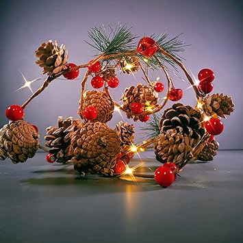 Christmas Garland Lights, 6.8FT 20LED Red Berry Pine Cone Garland Lights 2 Lighting Modes Battery Operated, LED Garland String Lights, Christmas Decorations for Home Fireplace Mantel Decor