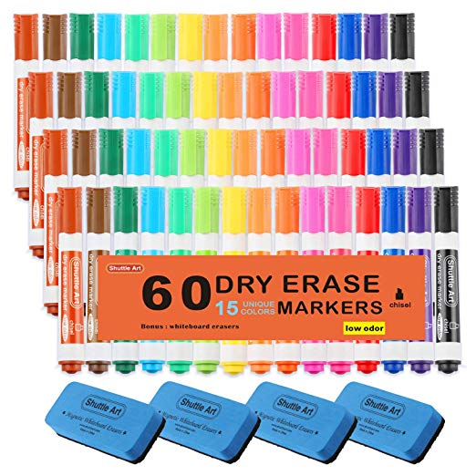 Dry Erase Markers with Eraser, 60 Pack Shuttle Art 15 Colors White Board Markers and Eraser, Low-Odor, Chisel Tip Usable on Whiteboard Surface for School Office Home