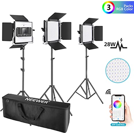 Neewer 3 Packs 480 RGB Led Light with APP Control, Photography Video Lighting Kit with Stands and Bag, 480 SMD LEDs CRI95/3200K-5600K/Brightness 0-100%/0-360 Adjustable Colors/9 Applicable Scenes