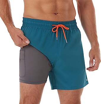 BRISIRA Swim Trunks Men Quick Dry Swim Shorts 5 inch Inseam Stretch Water Beach Shorts with Compression Liner Zipper Pocket