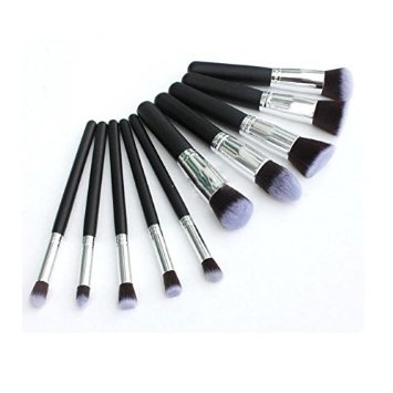 HOSL 10PCS Premium Synthetic Hair Makeup Brush Set Cosmetics Foundation Blending Blush Face Powder Brush Makeup Brush Kit (Silver and Black)