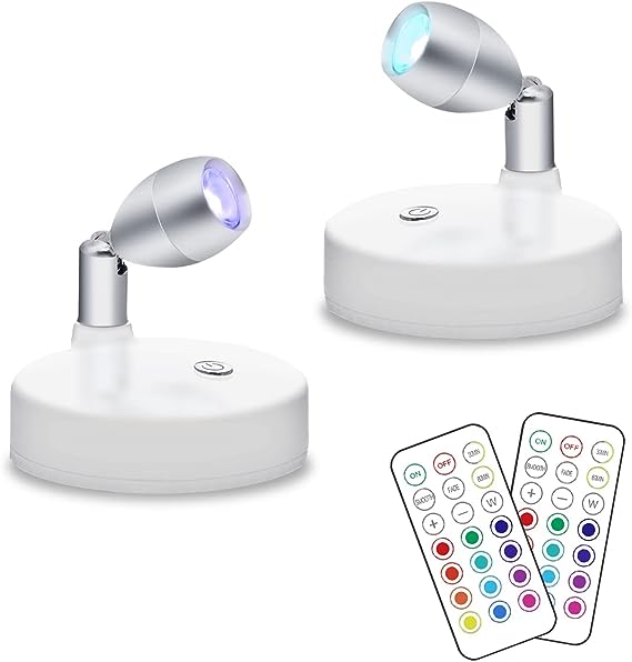 RGB Wireless LED Spotlight, Battery Operated Accent Lights, Indoor Mini Puck Light, Dimmable Uplight with Remote, 4000K Warm White, Stick on Anywhere Wall Light with Rotatable Head, Silver, 2 Pack