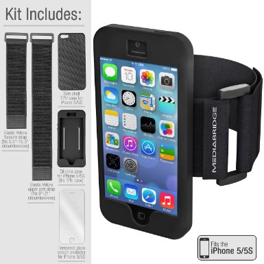 Armband Value Pack for iPhone SE/5S/5 By Mediabridge - 1 Slim Shell Case (Black), 1 Silicone Case, 1 Premium Glass Screen Protector & 2 Elastic Velcro Straps For Upper/Forearms (Part# AB2-I5-BLACK )