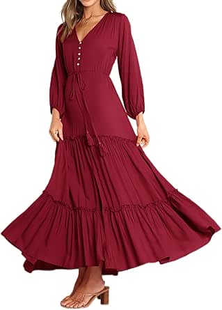 R.Vivimos Maxi Dress for Women Long Sleeve V Neck Drawstring Button Up Casual Split Flowy Dress