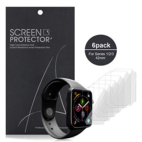 [6 Pack] Screen Protector for Apple Watch (42mm Series 3/2/1 44mm Series 4 Compatible), Anti-Fingerprint Anti-Bubble HD Clear Easy Installation with Lifetime Replacement Warranty