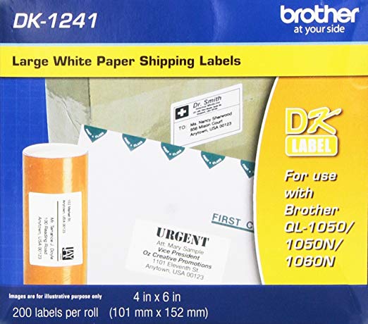 Brother Genuine DK-1241 Die Cut White Labels, 4 x 6 Inch Individual Labels, Large Shipping White Paper Labels, 200 Count, (1) Roll Per Box