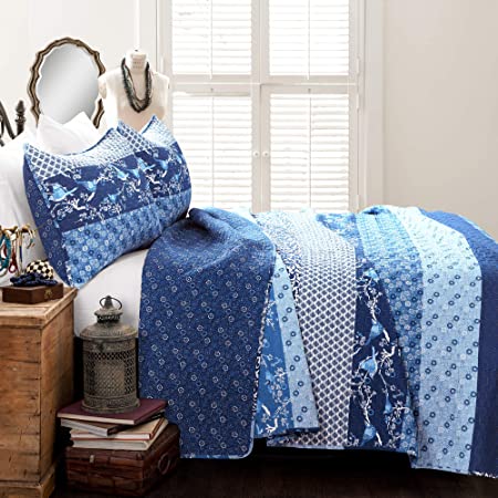 Lush Decor, Navy Royal Empire Quilt Striped Pattern Reversible 3 Piece Bedding Set, Full Queen