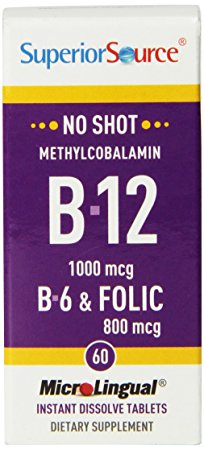 Superior Source No Shot Methylcobalamin Vitamin B12/B6/Folic Acid Tablets, 1000mcg/800 mcg, 60 Count