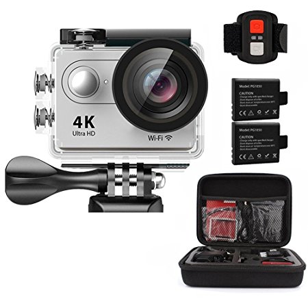 AEDILYS 4K WIFI Sports Action Camera Ultra HD Waterproof DV Camcorder 12MP 170 Degree Wide Angle 2 inch LCD Screen / 2.4G Remote Control with 2 Batteries-White