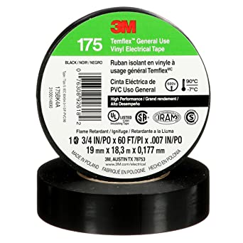 3M Temflex High-Performance General Use Vinyl Electrical Tape 175, Black, 3/4 in x 60 ft (19 mm x 18 m), 10 Roll Pack