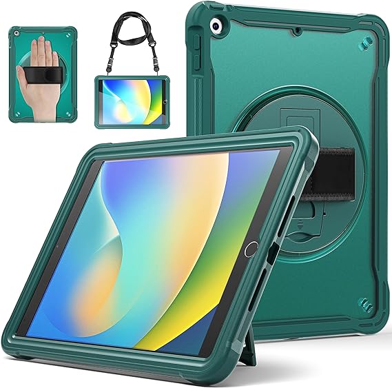 (2023 and Thinness) ZenRich iPad 9th/8th/7th Generation Case, Popeye Rugged Shockproof Hard Slim iPad 10.2 inch Case with Kickstand Hand Strap and Shoulder Strap, Midnight Green