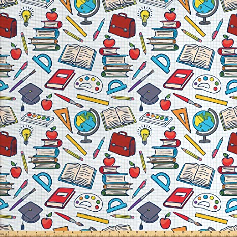 Ambesonne School Fabric by The Yard, Elementary School Theme Student Supplies Globe Paints and Brushes Books Education, Decorative Fabric for Upholstery and Home Accents, 1 Yard, Blue Red