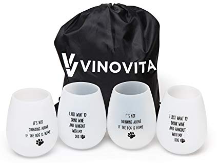 Silicone Wine Glasses (Set of 4) with Bag by Vinovita | Unbreakable Rubber Drinking Cups | Elegant and Funny Gift | Durable and BPA Free | Great for Outdoor Parties, Pool, Beach, BBQ, Camping | Dog