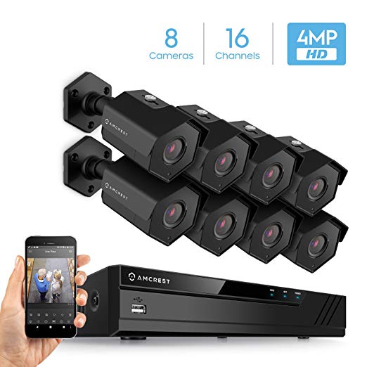 Amcrest 4MP Security Camera System, w/ 16CH (8-Port PoE) NVR, (8) x 4-Megapixel 3.6mm Wide Angle Lens Weatherproof Metal Bullet POE IP Cameras, NV4116E-HS-IP4M-1026EB8 (Black)