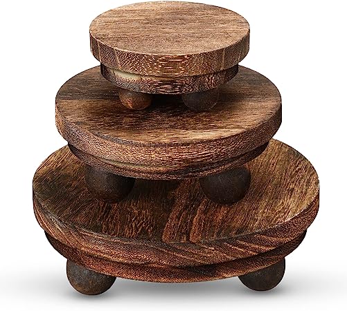 3 Pieces Wood Risers for Decor Wood Pedestal Mini Riser Stand Round Wooden Riser Rustic Farmhouse Riser for Decor Tiered Tray Decor Riser for Home Kitchen (Brown, 5/4/3 Inch)