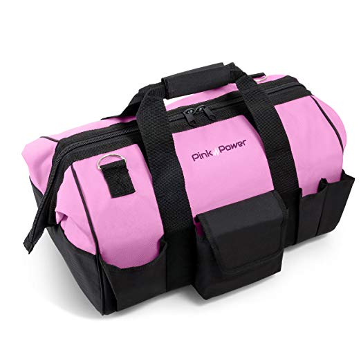 Pink Power 20” Tool Bag for Women with 28 Storage Pockets and Shoulder Strap