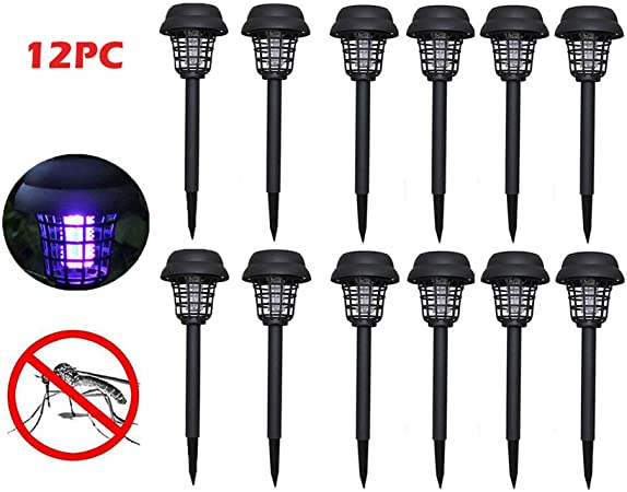 Naiflowers 12PC Solar Powered LED Light Outdoor Pest Bug Zapper Insect Mosquito Killer Lamp Waterproof Wirless Insect Bugs Fly Light for Pathway Walkway Garden Porch Patio Backyard Lawn