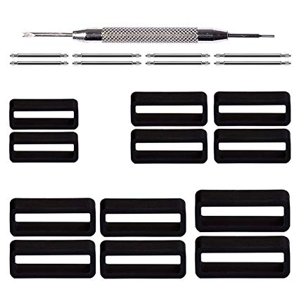 12 Pack Rubber Watch Band Strap Loops 18mm 20mm 22mm 24mm Fastener Ring Replacement Silicone Black Keeper Retainer Holder Secure Accessories with Spring Bar Tool
